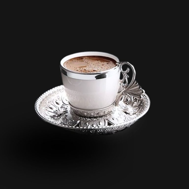 Turkish Coffee Cups and Silver Metal Holders and Saucers Set