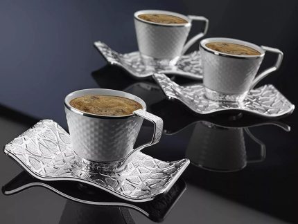 Set of 6 Silver and White Demmex Turkish Coffee cups