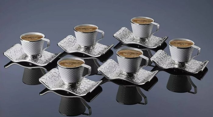 Set of 6 Silver and White Demmex Turkish Coffee cups