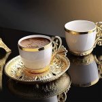 Arabic Design Coffee Cups set with Metal Holders and Saucers.