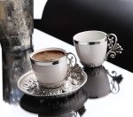 Turkish Coffee Cups and Silver Metal Holders and Saucers Set