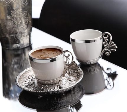 Turkish Coffee Cups and Silver Metal Holders and Saucers Set