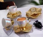 Pearl colored, Nisa Cup Set | Pearl-Gold Metal Holders and Saucers