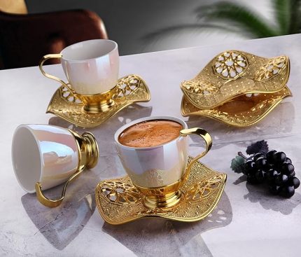 Pearl colored, Nisa Cup Set | Pearl-Gold Metal Holders and Saucers