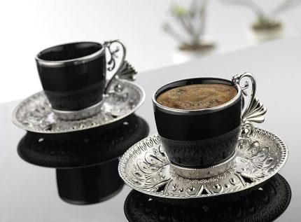 Arabic Coffee Cups set and Silver Metal Holders and Saucers Set | Set of 6
