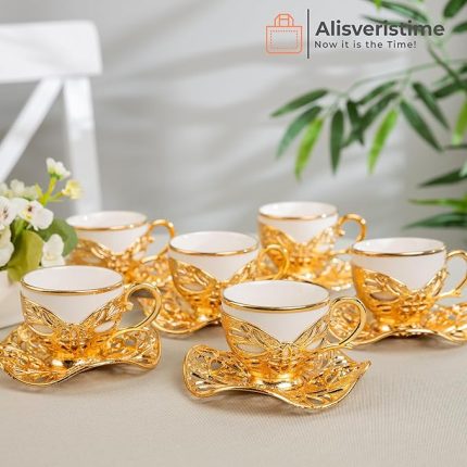 Gold gilded cup set, Coffee Cups with Embroidered Metal Holders and Saucers Set | White-Gold.