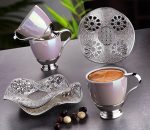 Nisa Cup Set | in Pearl color -Silver Metal Holders and Saucers