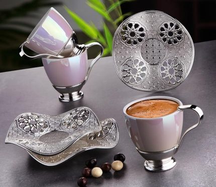 Nisa Cup Set | in Pearl color -Silver Metal Holders and Saucers