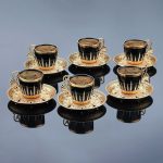 Turkish Porcelain Coffee or Tea Cups with Metal Holders and Saucers Set