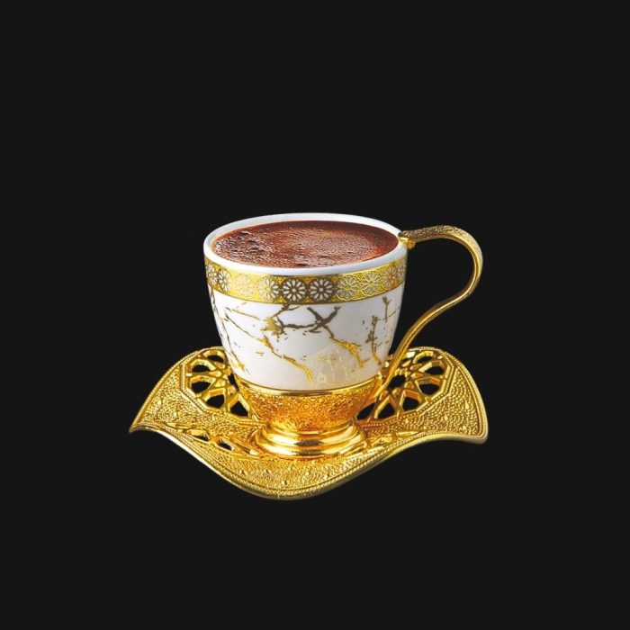 White Gold Pattern Cups and Metal Holders and Saucers