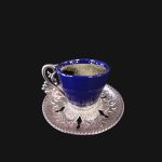 Arabic Design Cups Set with Metal Holders and Saucers |Blue- Silver