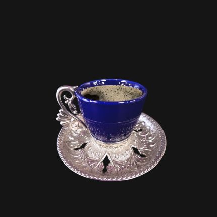 Arabic Design Cups Set with Metal Holders and Saucers |Blue- Silver