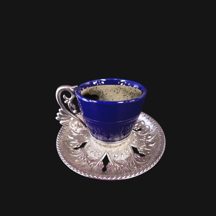Arabic Design Cups Set with Metal Holders and Saucers |Blue- Silver