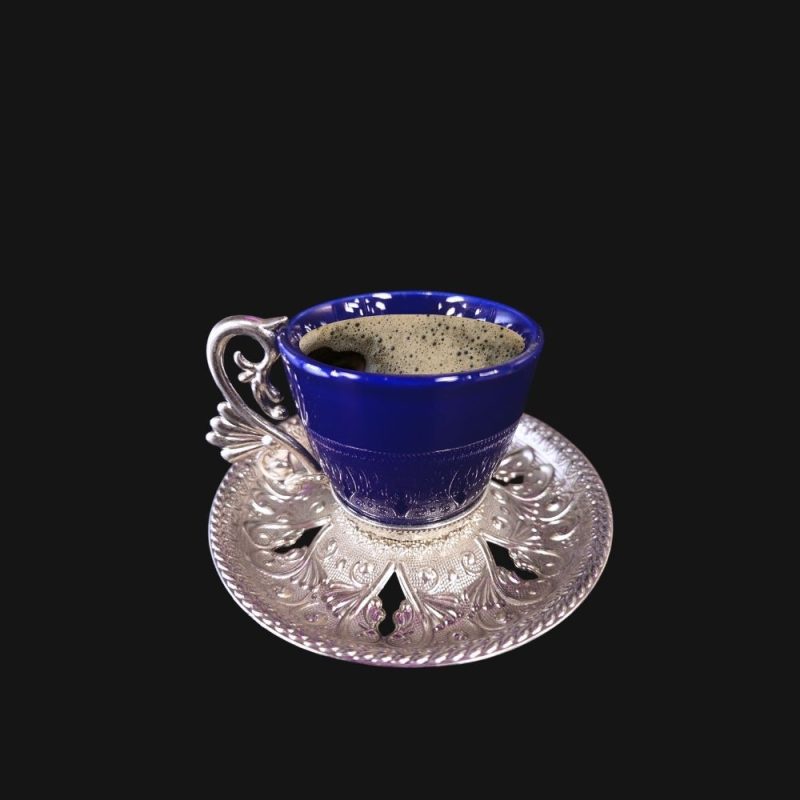 Arabic Design Cups Set with Metal Holders and Saucers |Blue- Silver