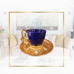 Blue and Gold Arabic design Coffee Cup Set with Metal Holders and Saucers
