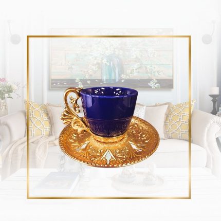Blue and Gold Arabic design Coffee Cup Set with Metal Holders and Saucers