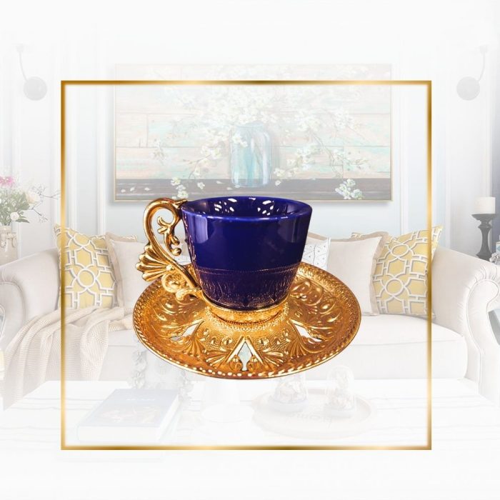 Blue and Gold Arabic design Coffee Cup Set with Metal Holders and Saucers