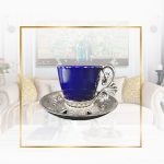 Arabic Design Cups Set with Metal Holders and Saucers |Blue- Silver