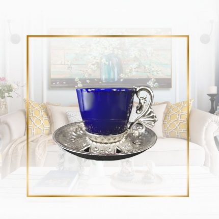 Arabic Design Cups Set with Metal Holders and Saucers |Blue- Silver