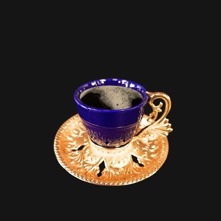 Blue and Gold Arabic design Coffee Cup Set with Metal Holders and Saucers