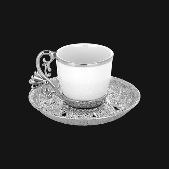 Turkish Coffee Cups and Silver Metal Holders and Saucers Set