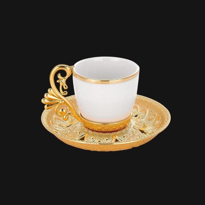 Arabic Design Coffee Cups set with Metal Holders and Saucers.