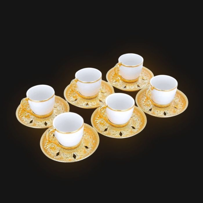 Arabic Design Coffee Cups set with Metal Holders and Saucers.