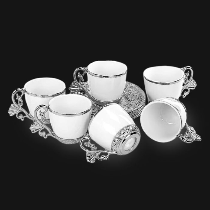 Turkish Coffee Cups and Silver Metal Holders and Saucers Set