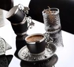 Arabic Coffee Cups set and Silver Metal Holders and Saucers Set | Set of 6