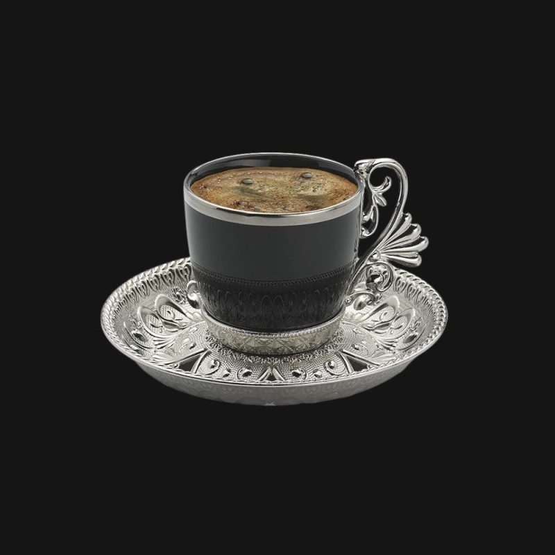 Arabic Coffee Cups set and Silver Metal Holders and Saucers Set | Set of 6