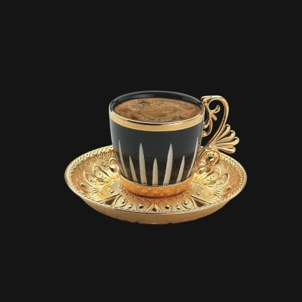 Turkish Porcelain Coffee or Tea Cups with Metal Holders and Saucers Set