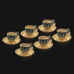 Turkish Porcelain Coffee or Tea Cups with Metal Holders and Saucers Set