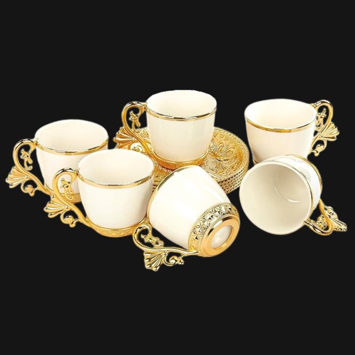 Arabic Design Coffee Cups set with Metal Holders and Saucers.