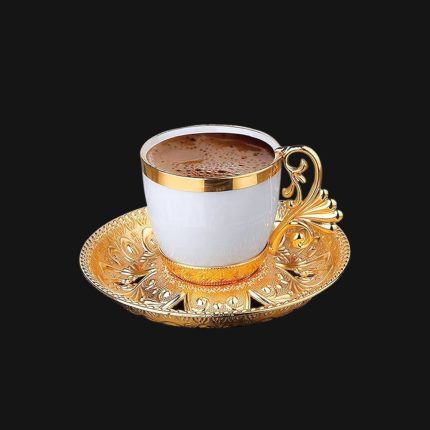 Arabic Design Coffee Cups set with Metal Holders and Saucers.