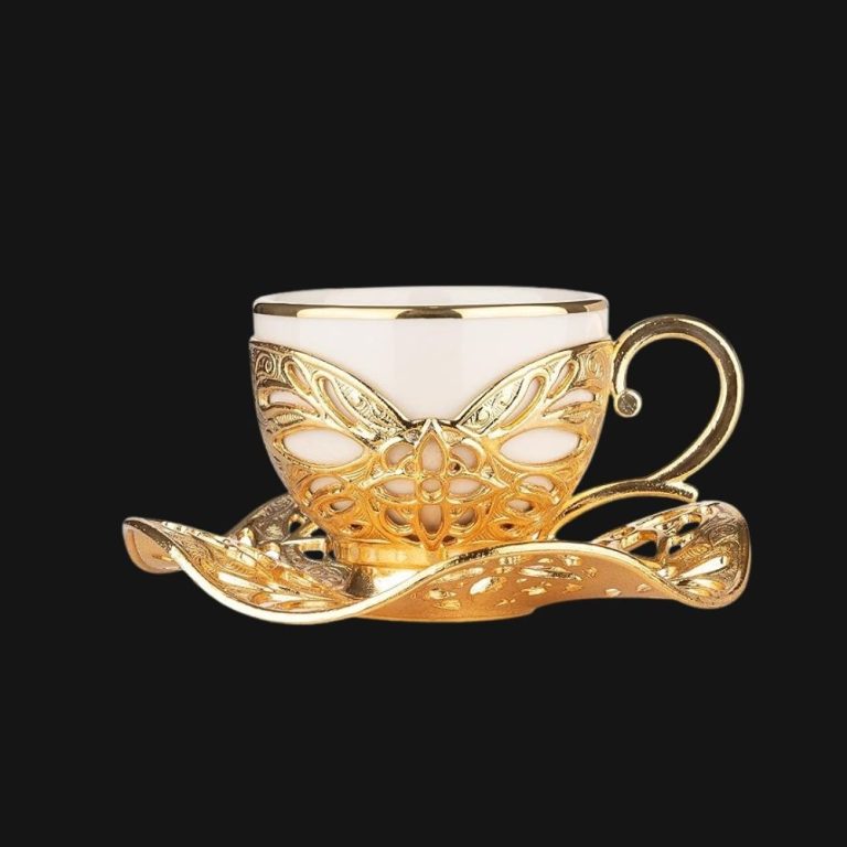 Gold gilded cup set, Coffee Cups with Embroidered Metal Holders and Saucers Set | White-Gold.
