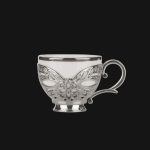 Coffee Cups with Embroidered Metal Holders and Saucers Set | White-Silver.