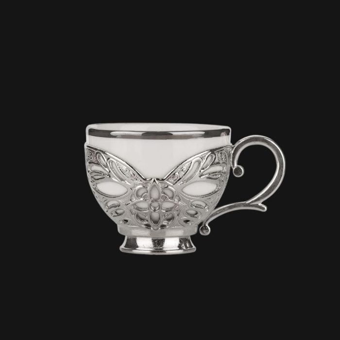 Coffee Cups with Embroidered Metal Holders and Saucers Set | White-Silver.