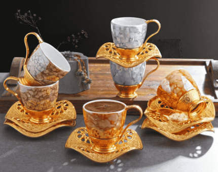 Marble color, Nisa Cup Set | Marble-Gold Metal Holders and Saucers