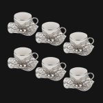 Coffee Cups with Embroidered Metal Holders and Saucers Set | White-Silver.