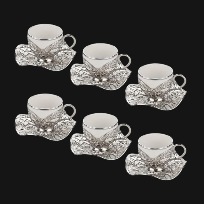 Coffee Cups with Embroidered Metal Holders and Saucers Set | White-Silver.