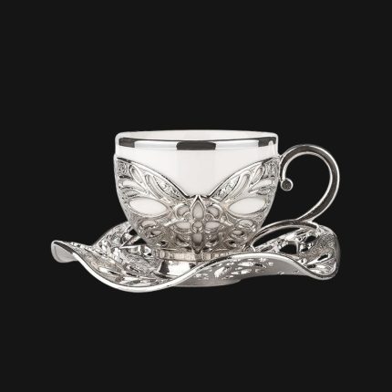 Classic touch,Coffee Cups with Embroidered Metal Holders and Saucers Set | White-Silver.