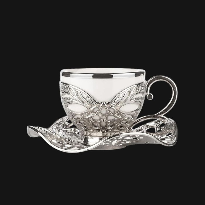 Classic touch,Coffee Cups with Embroidered Metal Holders and Saucers Set | White-Silver.