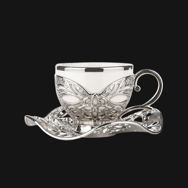 Classic touch,Coffee Cups with Embroidered Metal Holders and Saucers Set | White-Silver.