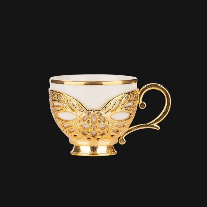 Gold gilded cup set, Coffee Cups with Embroidered Metal Holders and Saucers Set | White-Gold