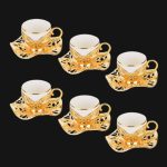 Gold Gilded cup set, Coffee Cups with Embroidered Metal Holders and Saucers Set | White-Gold.