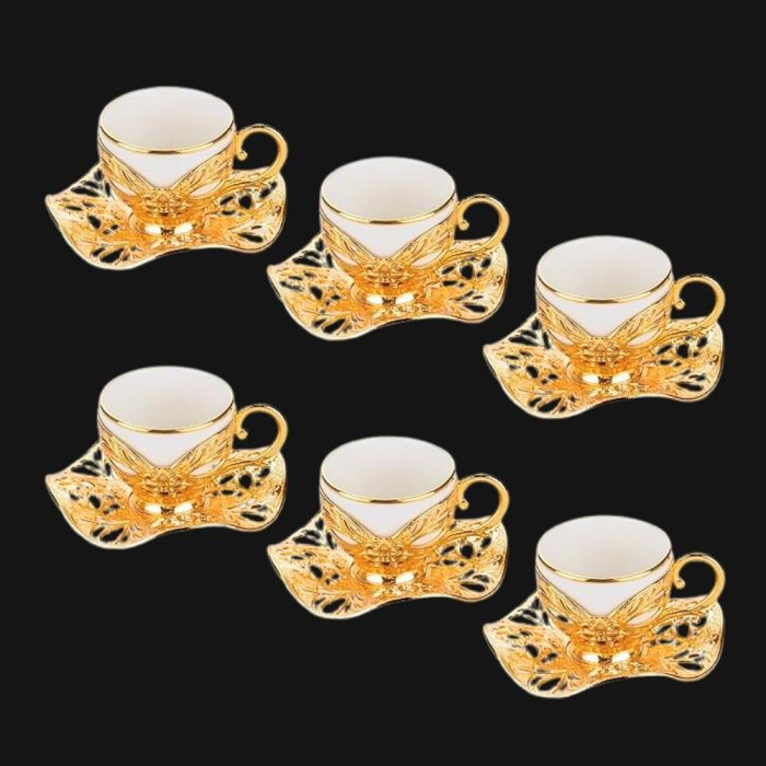 Gold Gilded cup set, Coffee Cups with Embroidered Metal Holders and Saucers Set | White-Gold.