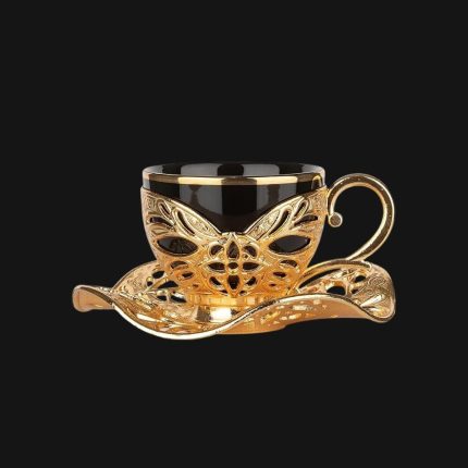 Gilded design , Gilded design Cups with Embroidered Metal Holders and Saucers Set | Black-Gold