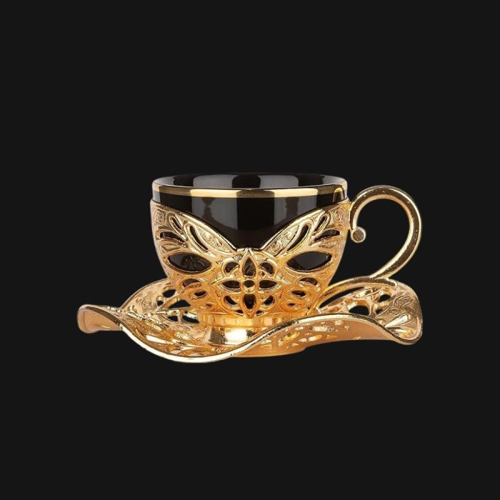 Gilded design , Gilded design Cups with Embroidered Metal Holders and Saucers Set | Black-Gold