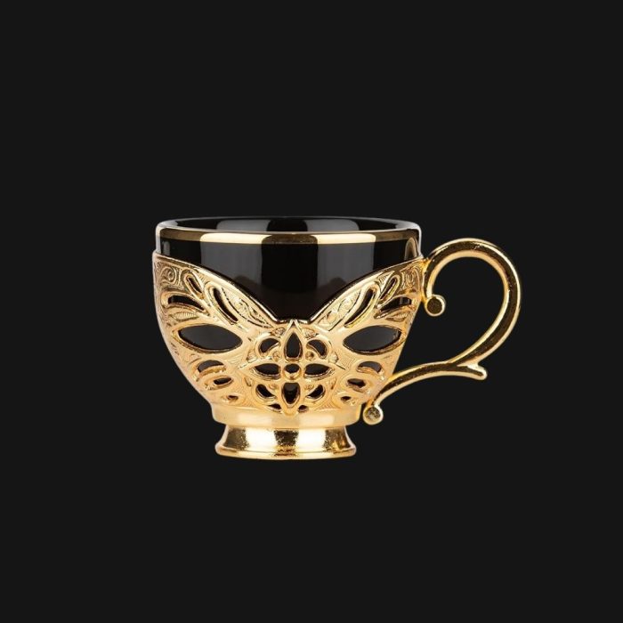 Gilded design, Gilded design Cups with Embroidered Metal Holders and Saucers Set | Black-Gold
