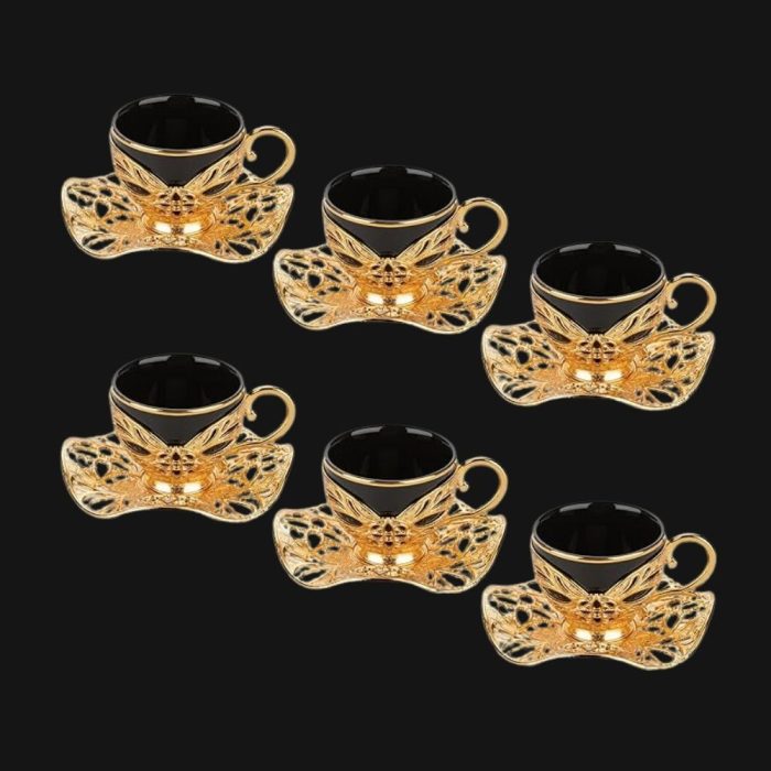 Gilded design, Gilded design Cups with Embroidered Metal Holders and Saucers Set | Black-Gold
